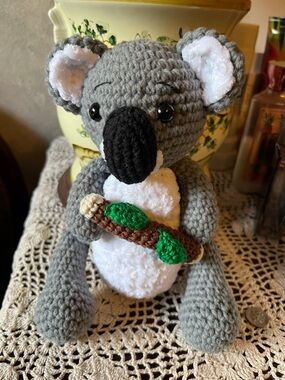 Handmade Gray and White Crochet Koala Plush - Soft Small Pet Toy 9”